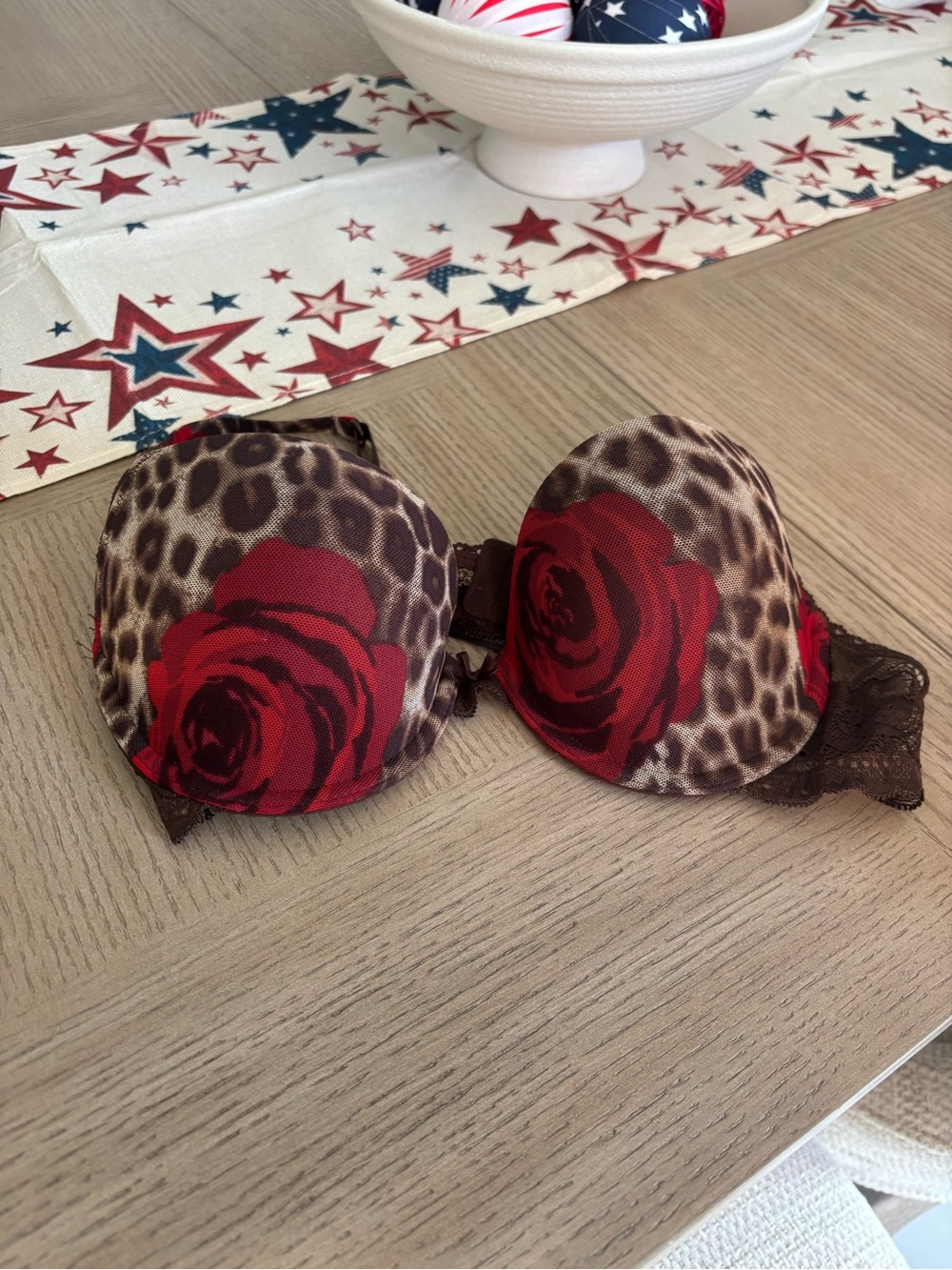 Express Leopard Print Push-Up Bra with Red Rose Accents